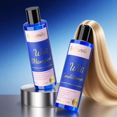 EROSMILE luxury wig shampoo bottle highlighting sulfate-free formula for silky wigs.