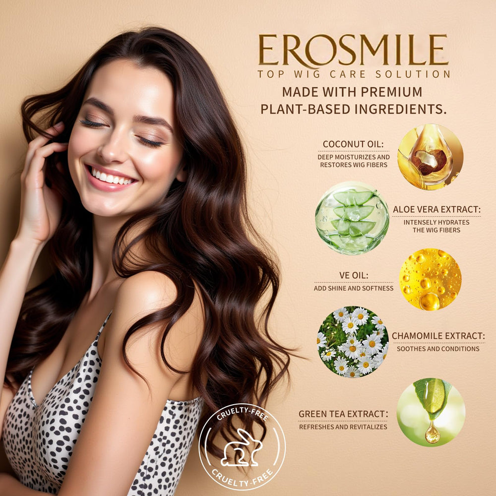 EROSMILE wig care routine hand applying product for easy detangling.