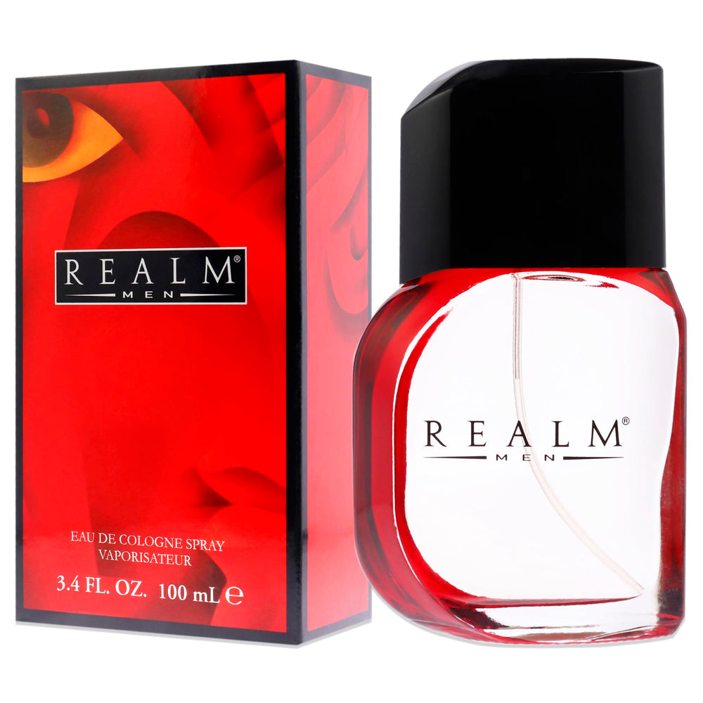 Erox Realm red bottle close-up emphasizes citrus-ginger opening.