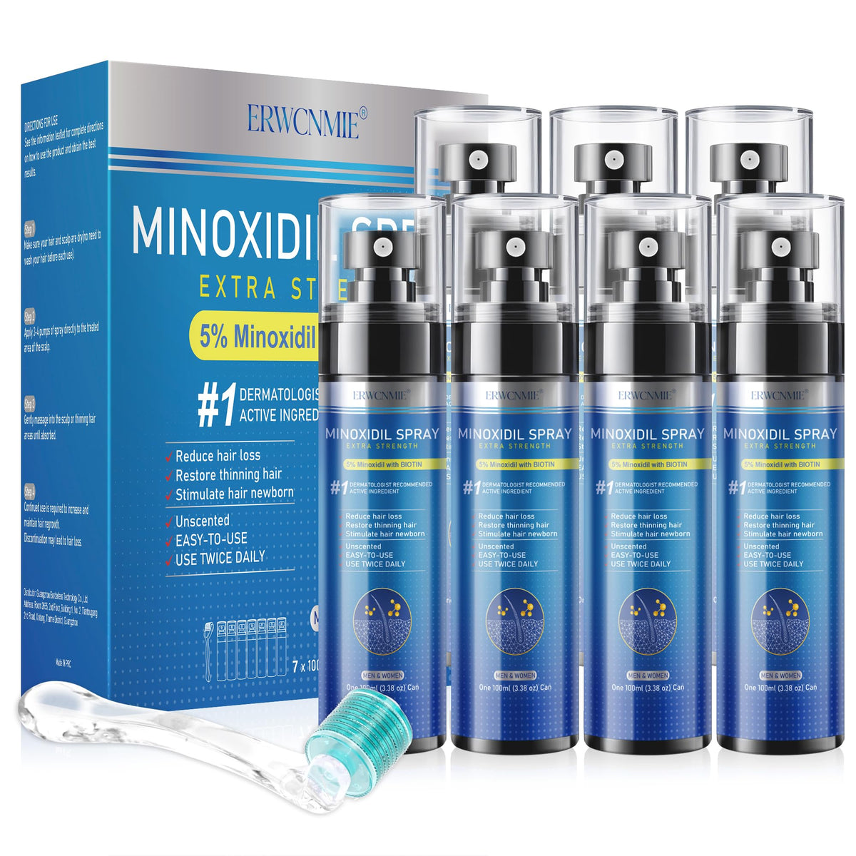 ERWCNMIE 5% minoxidil spray bottle for targeted scalp application and growth support.