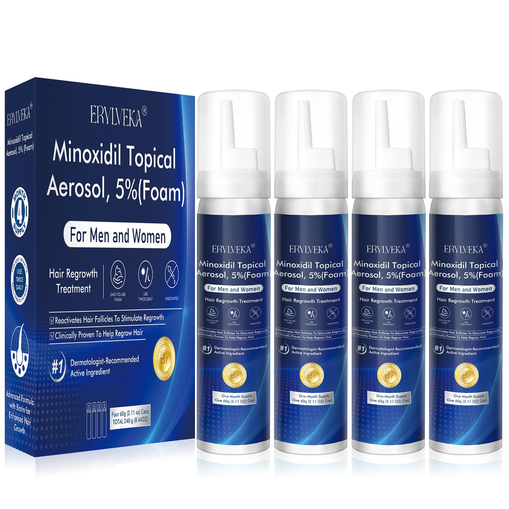 ERYLVEKA 5-percent minoxidil foam bottle closeup showing precise dosing for scalp treatment