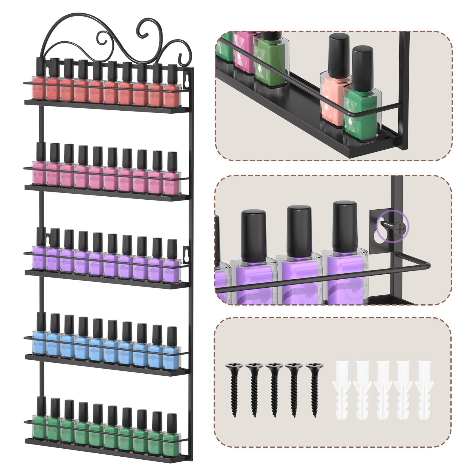 ERYTLLY nail polish rack five-shelves design organizes diverse bottles at a glance.