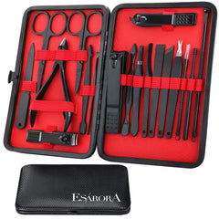 ESARORA Manicure Set case open showing black leather travel case for on-the-go grooming.