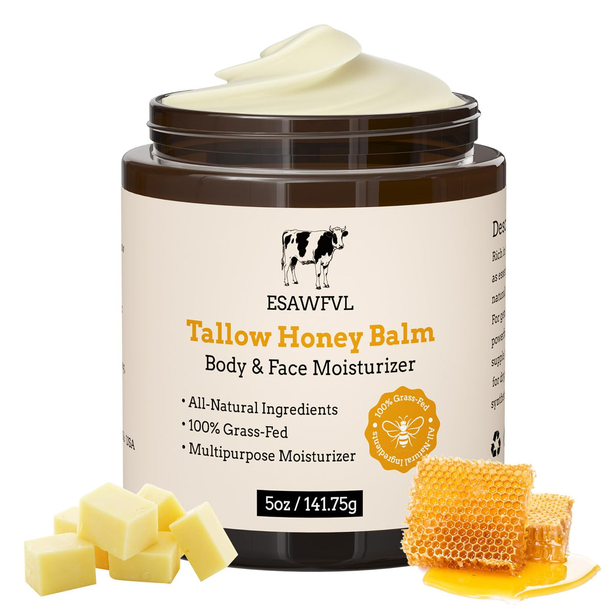 ESAWFVL beef tallow whipped honey balm jar shows creamy texture for deep hydration.