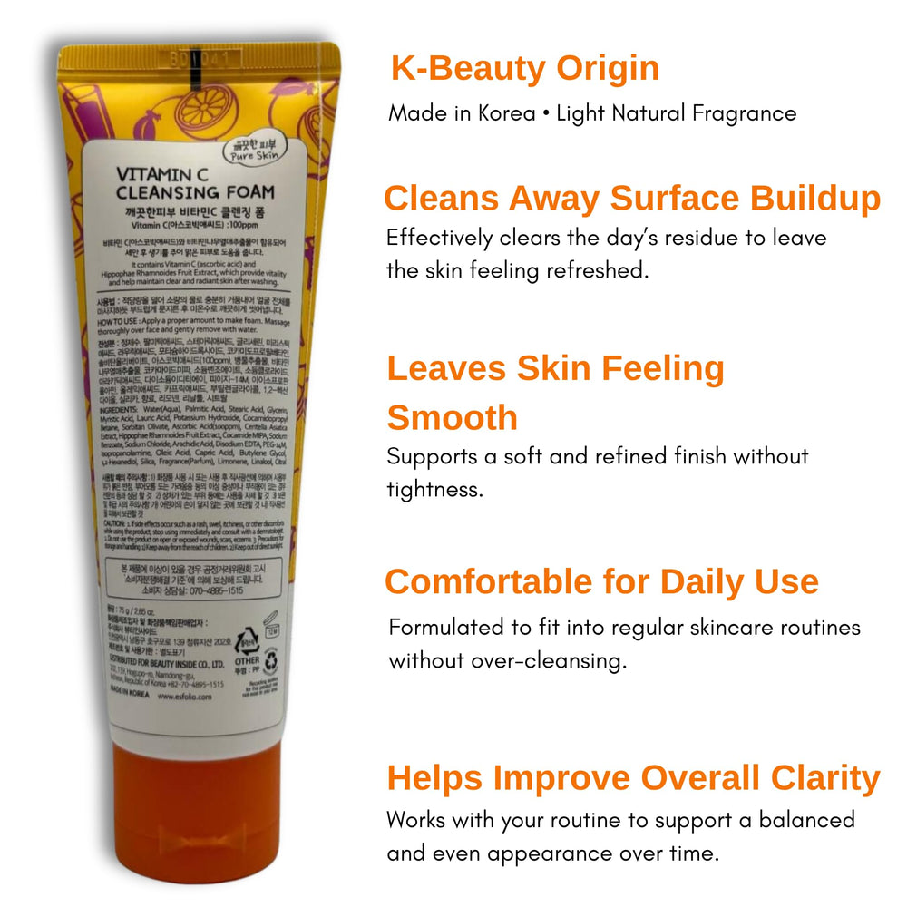Esfolio Vitamin C Cleansing Foam ingredients close-up hints at antioxidant benefits.