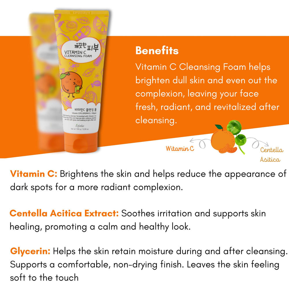 Esfolio Vitamin C Cleansing Foam product packaging detail highlights premium daily cleanser design.
