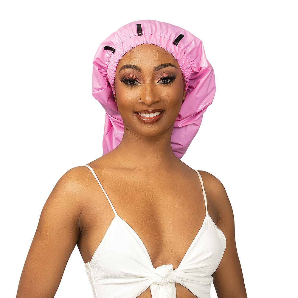 Esha Girl shower cap close-up emphasizes snug elastic band for secure protection