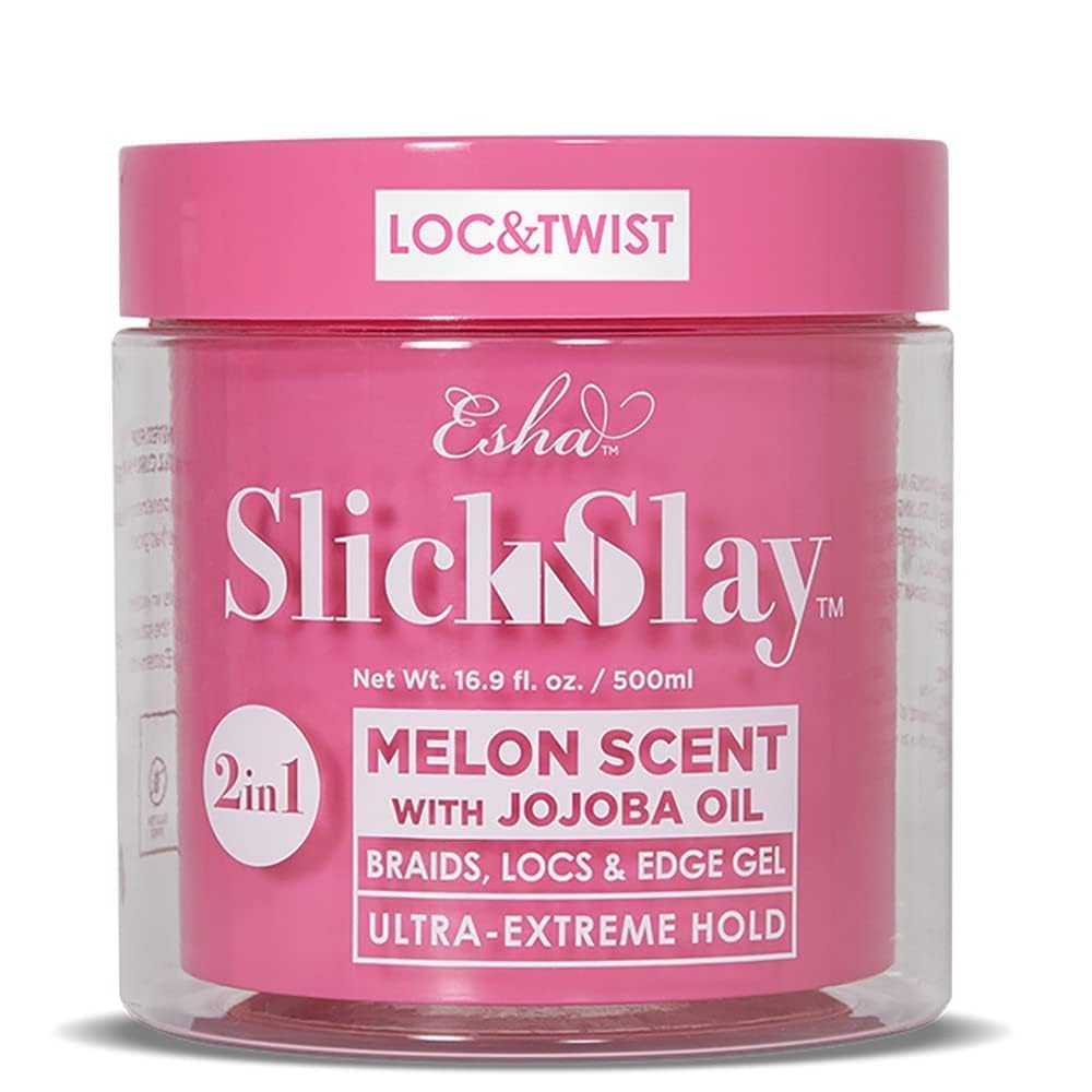 Esha Slick N Slay bottle with Melon for long-lasting hold on braided styles.