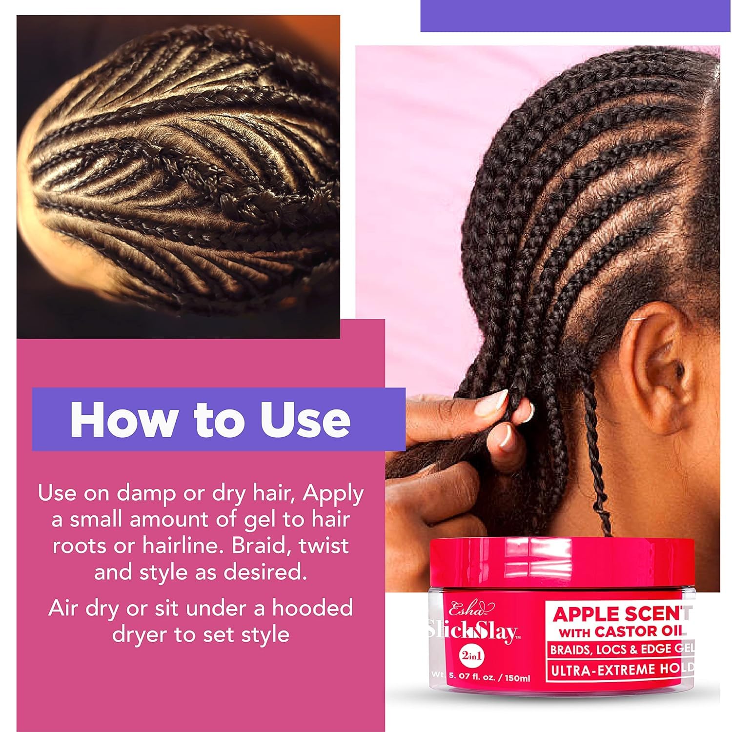 Esha Slick N Slay 17 oz jar beside a hand to illustrate true product scale