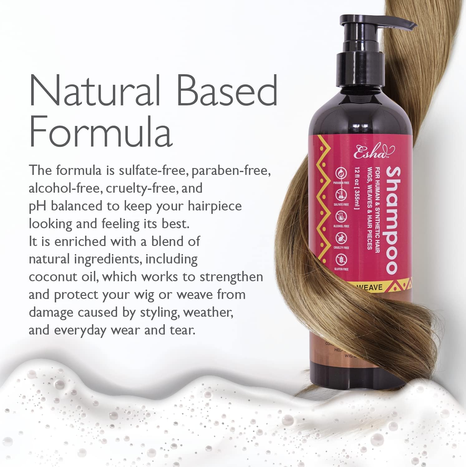 Esha Wig and Weave Revitalizing Shampoo finish adds shine and softness to hairpieces