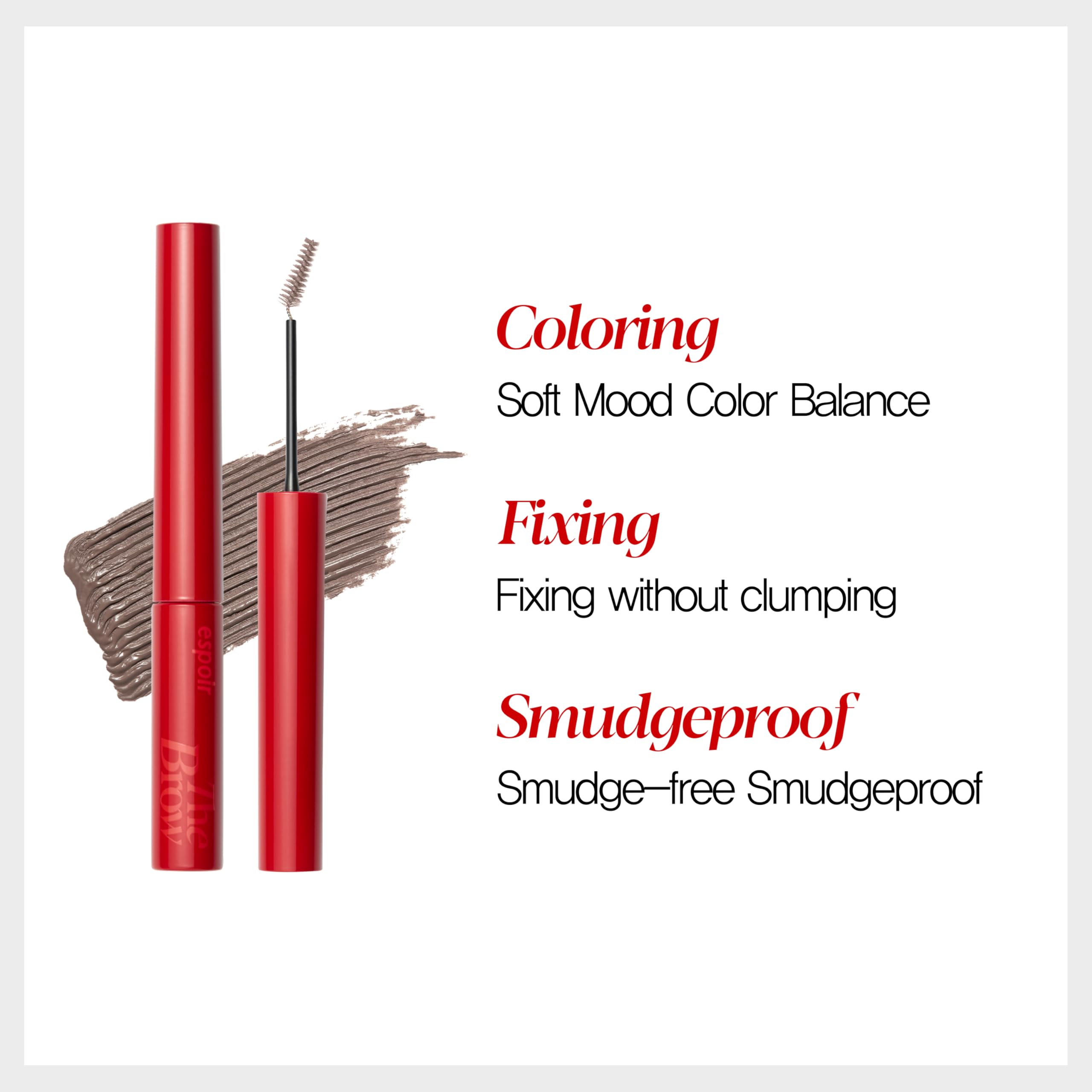 Espoir The Brow Color Fixing Cara application swatch shows soft natural finish.