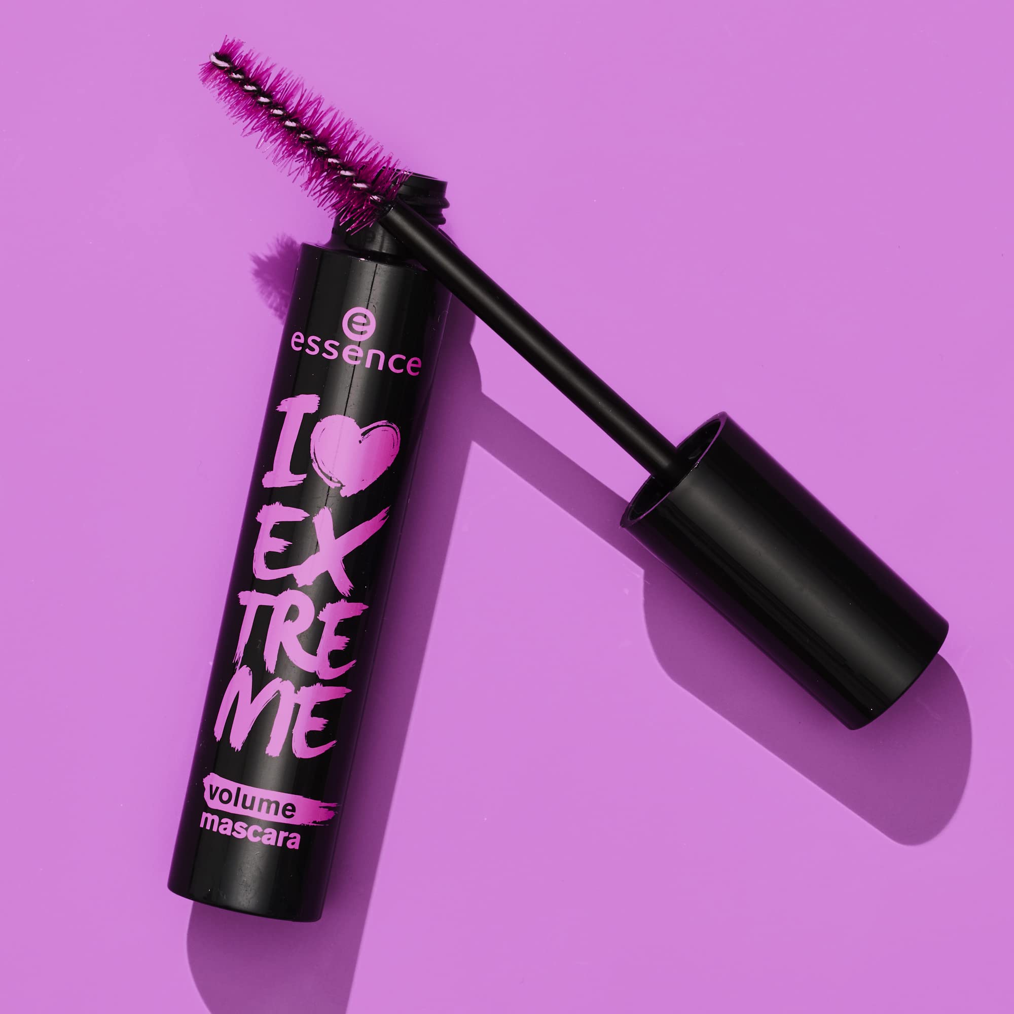 essence i love extreme volume mascara made in italy bottle on countertop.