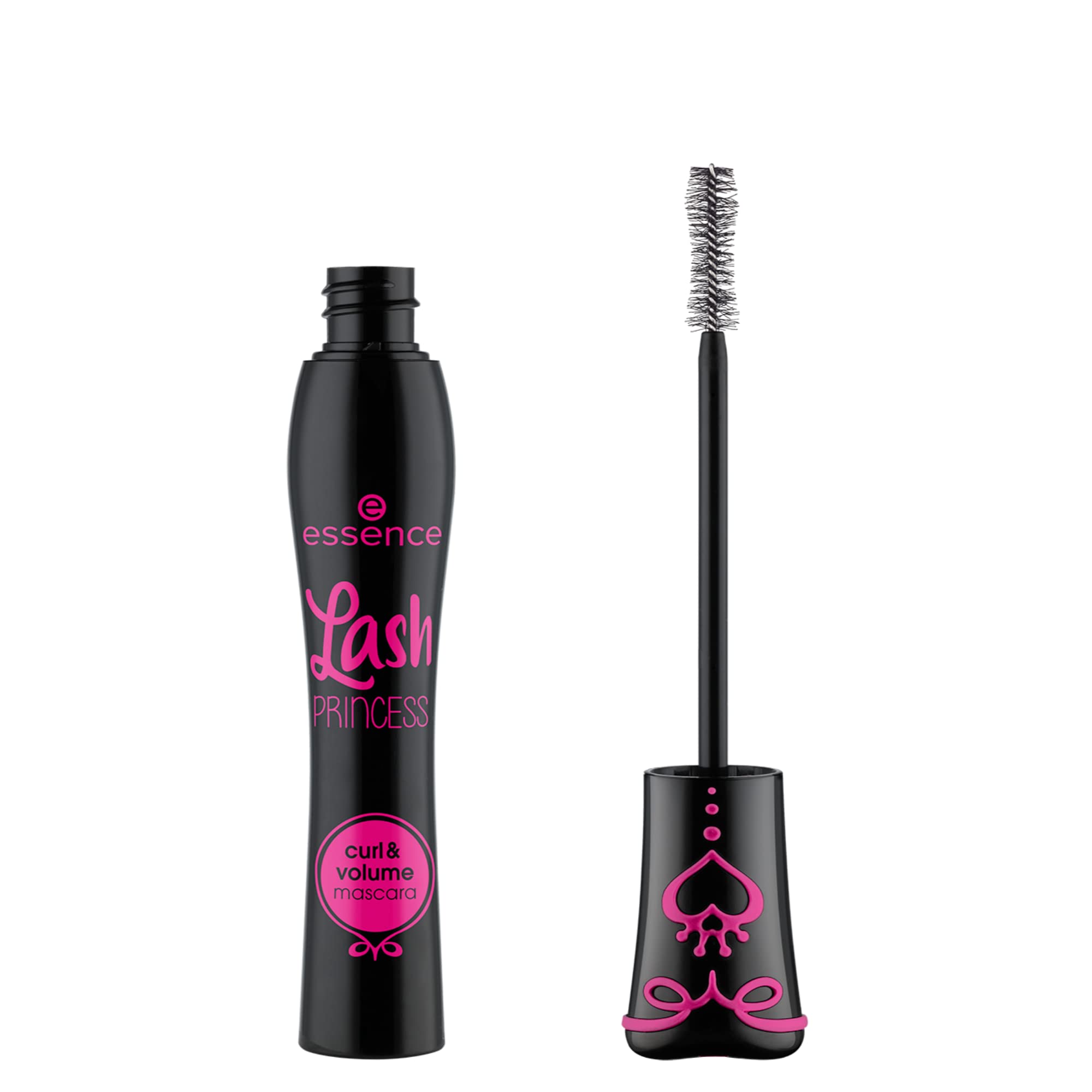 essence Lash Princess Curl & Volume wand close-up highlighting peanut-shaped brush for easy application.