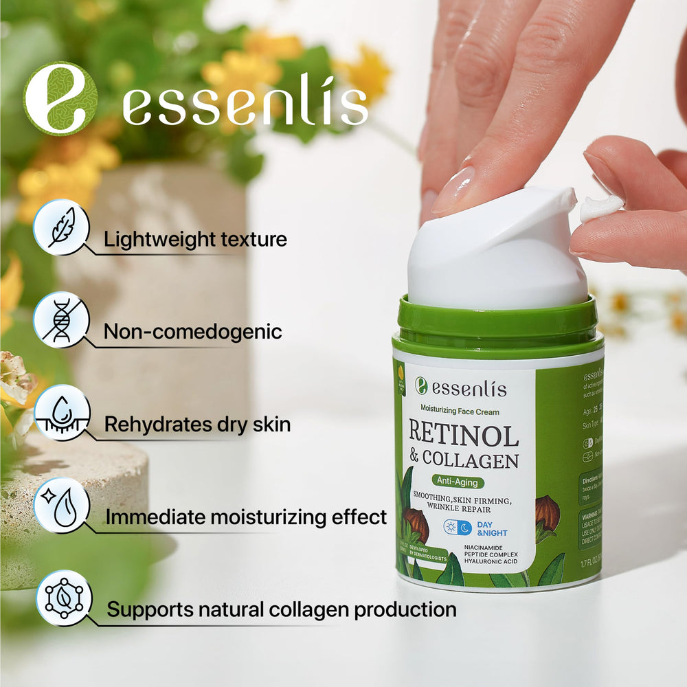 ESSENLIS Retinol Cream applied to face and neck shows multi-area care