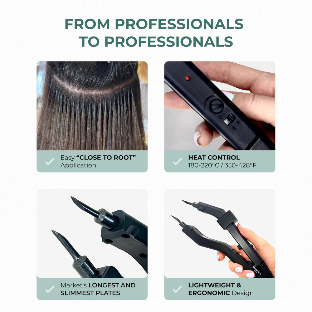 ESSENT-IX keratin fusion tool adjustable temperature protects delicate hair types during fusion.