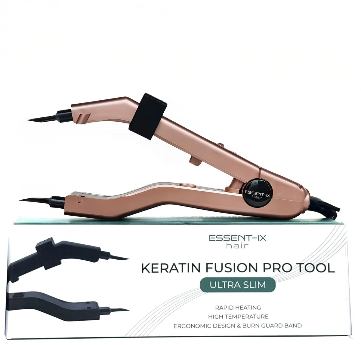 ESSENT-IX keratin fusion tool in rose gold offers precision bonding for salon-grade results.