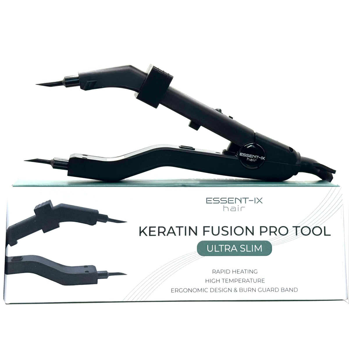 ESSENT-IX keratin fusion tool with slim long plates enables precise root access for clean bonds.