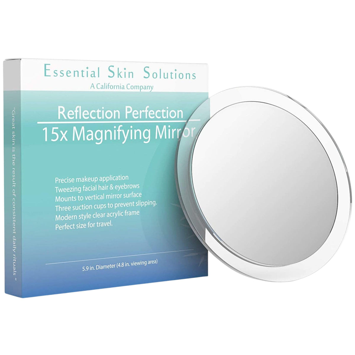Essential Skin Solutions 15X magnifying mirror close-up for precise tweezing and makeup checks.
