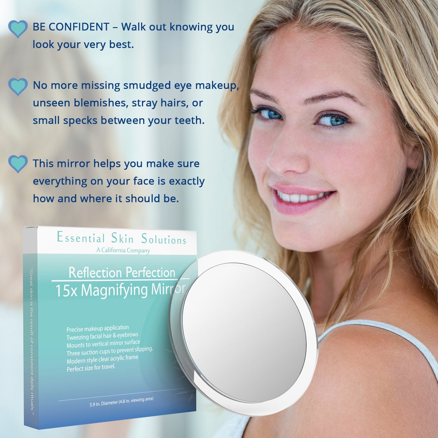 Essential Skin Solutions acrylic-frame mirror adds stylish, durable framing for everyday use.