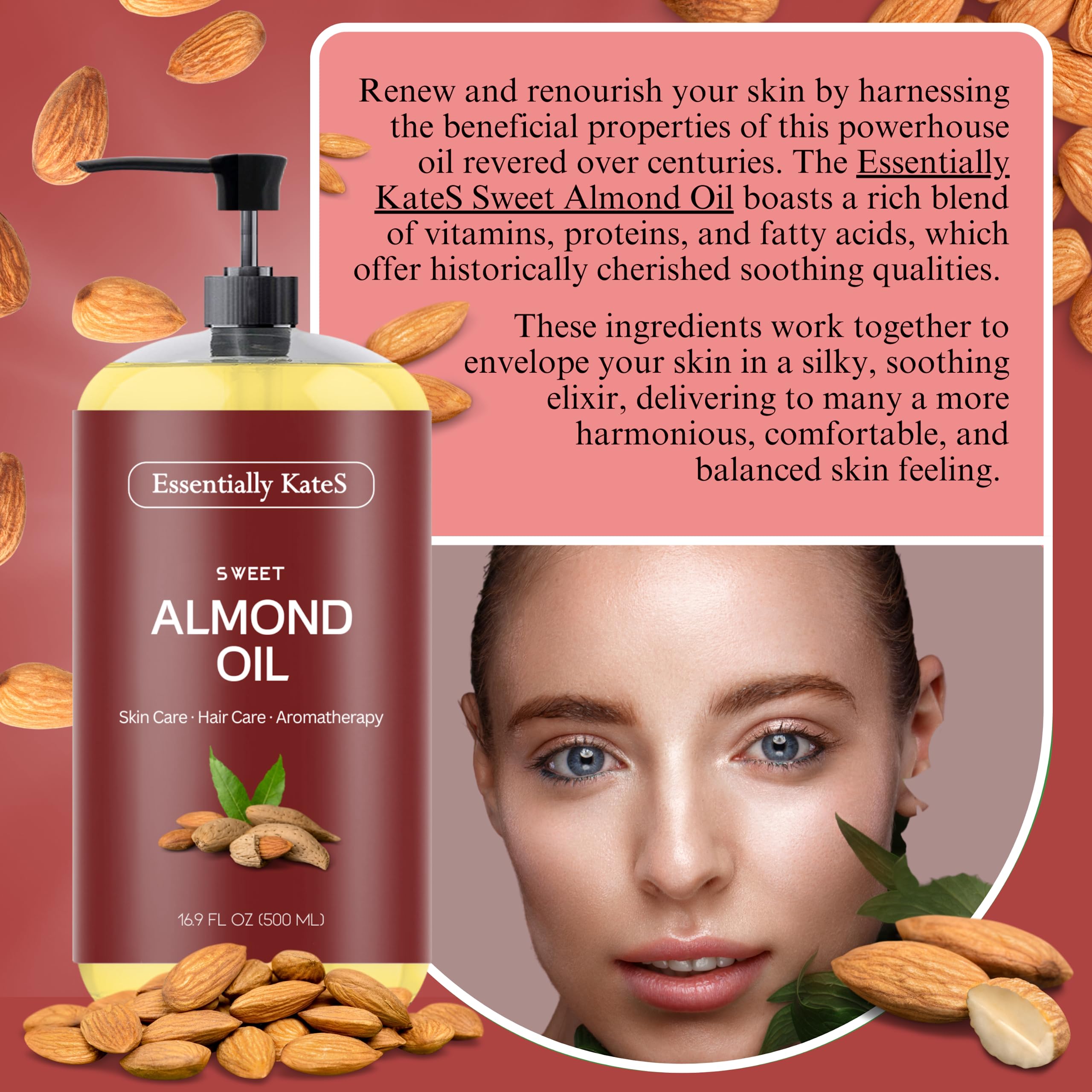 Essentially KateS Sweet Almond Oil label close-up showing cruelty-free formula.