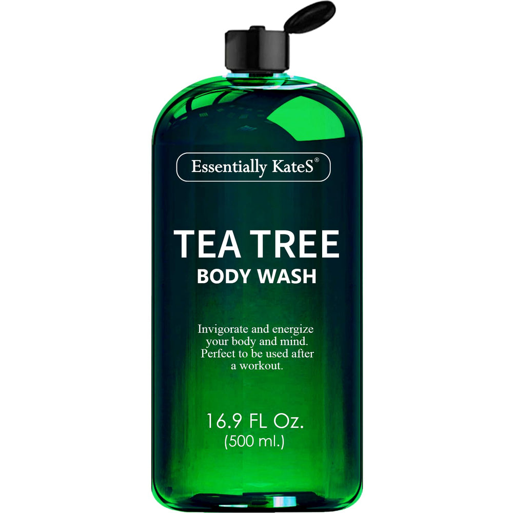 Essentially KateS Tea Tree Body Wash bottle pour for a refreshing cleanse.