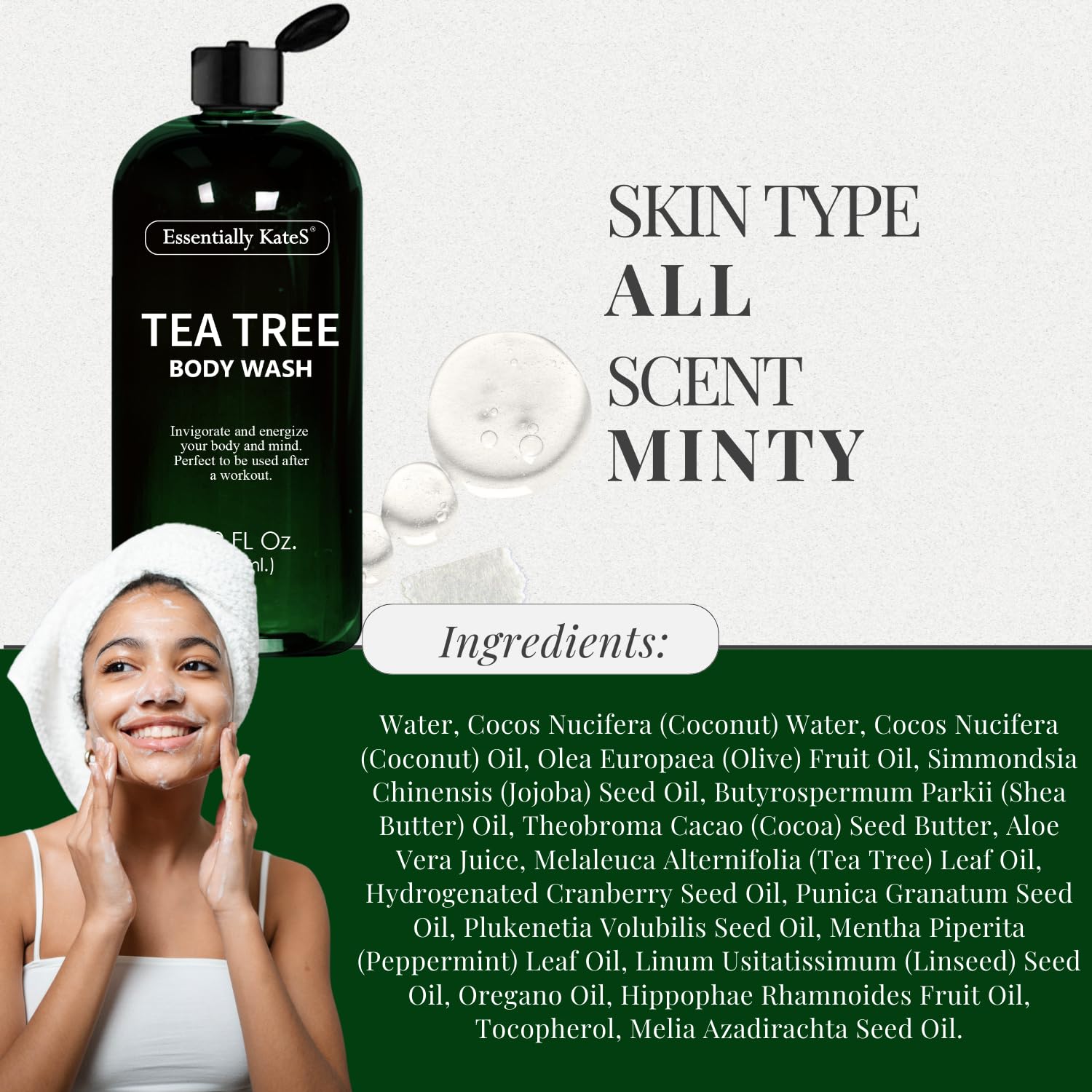 Essentially KateS Tea Tree Body Wash peppermint cooling droplets indicating refreshing feel.