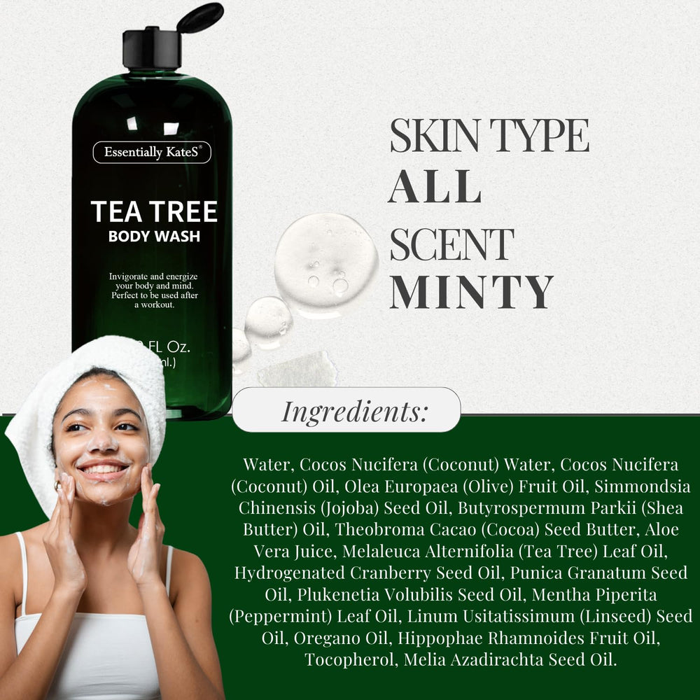 Essentially KateS Tea Tree Body Wash peppermint cooling droplets indicating refreshing feel.