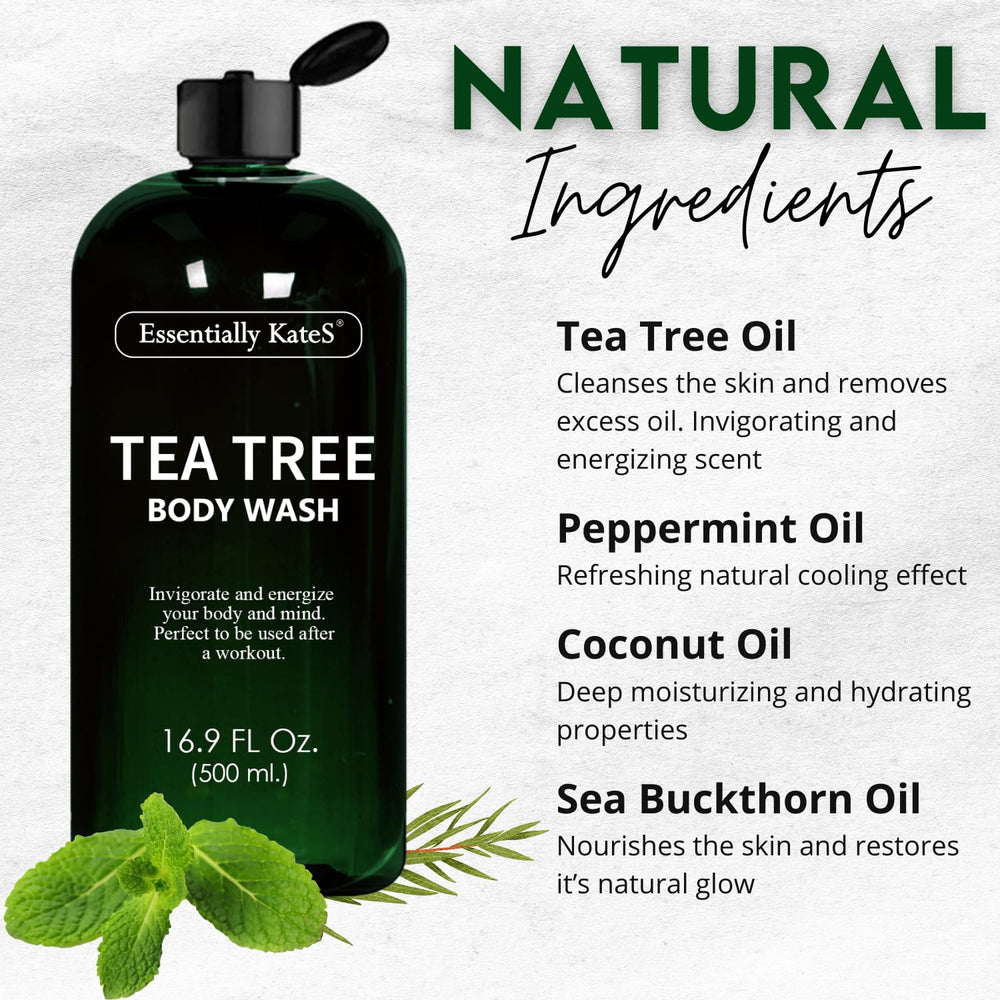 Essentially KateS Tea Tree Body Wash tea tree oil closeup highlights natural cleansing.