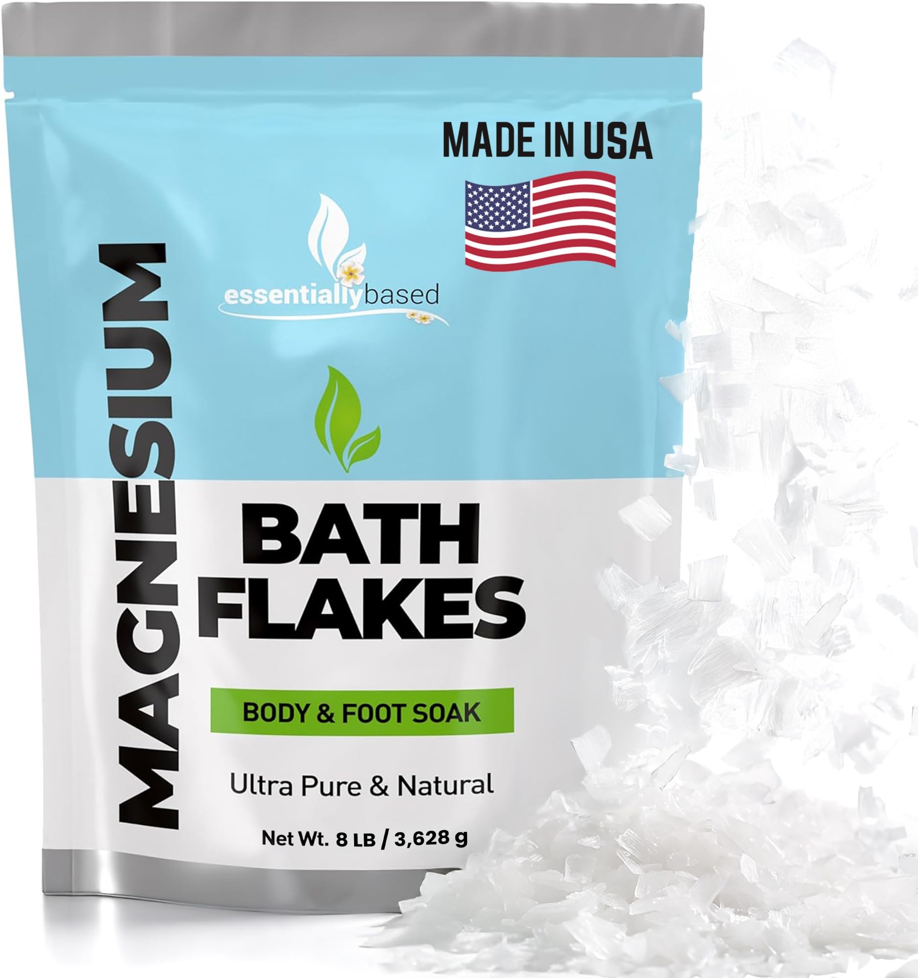 essentiallybased magnesium flakes bottle for relaxing bath experience and spa-like calm