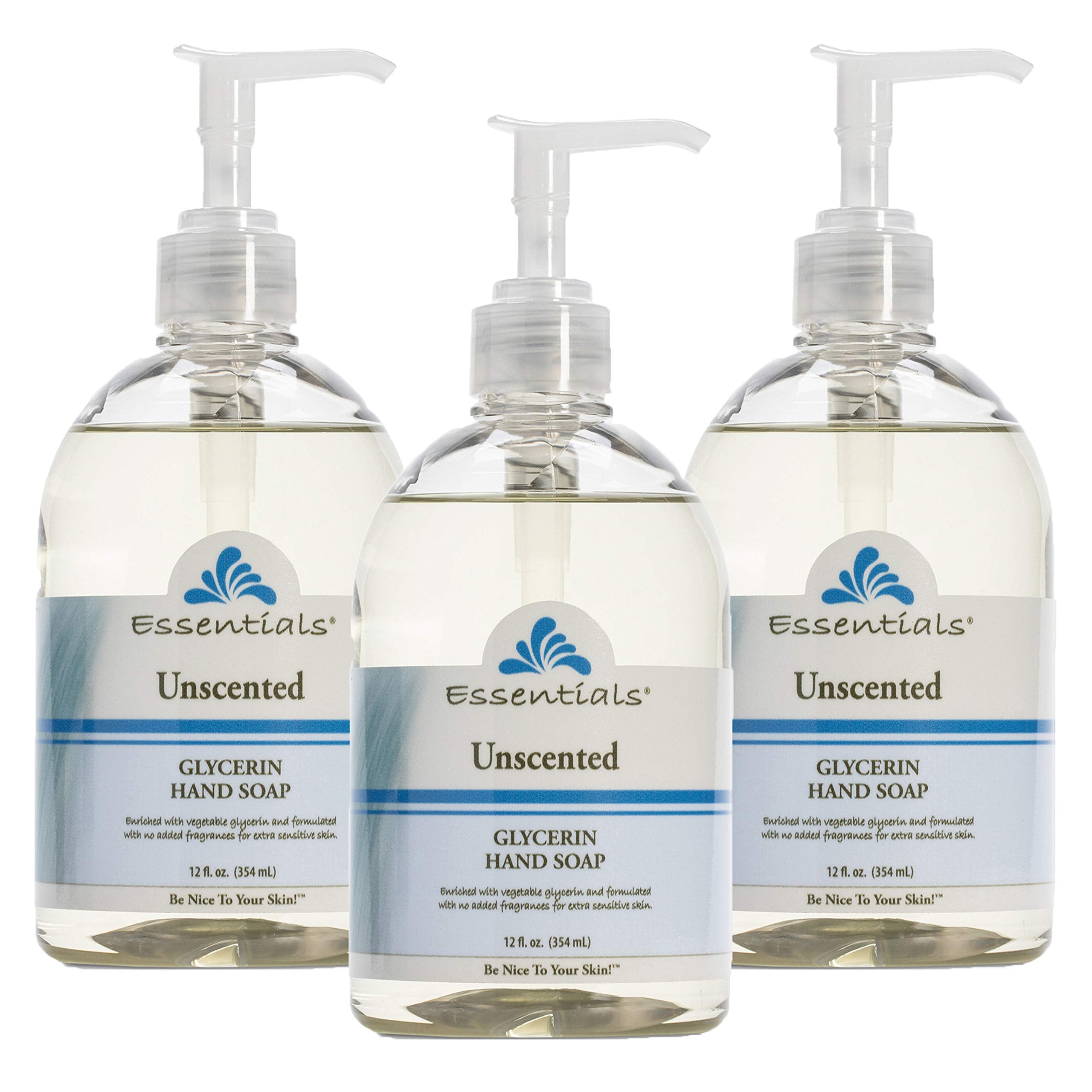 Essentials glycerin hand soap unscented 3pack bottle closeup for gentle moisturizing.