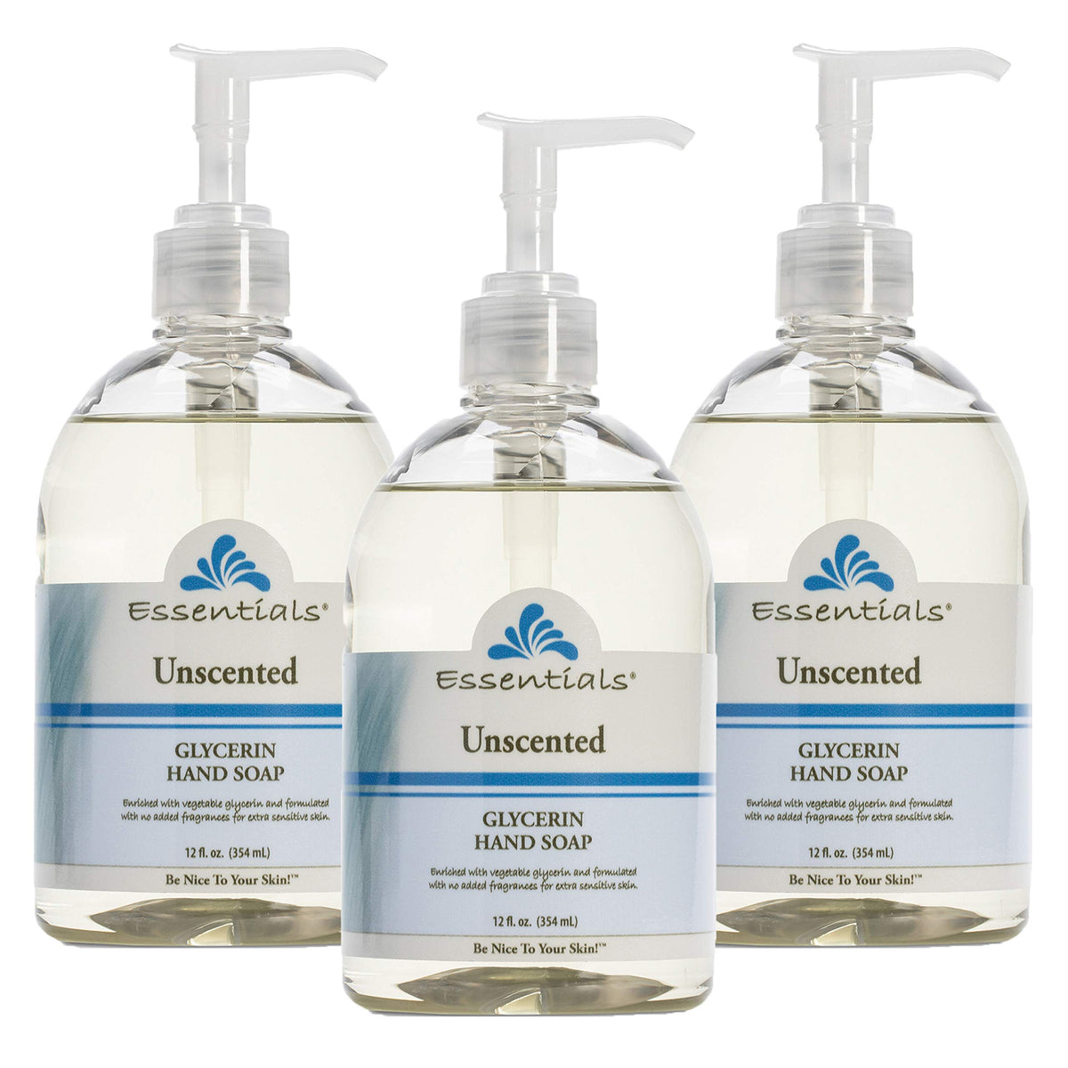 Essentials glycerin hand soap unscented 3pack bottle closeup for gentle moisturizing.