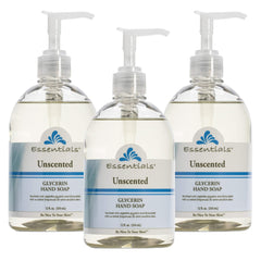 Essentials glycerin hand soap unscented 3pack bottle closeup for gentle moisturizing.