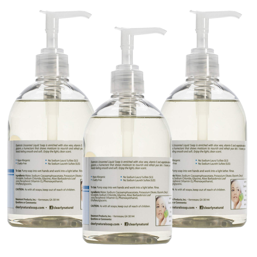 Essentials unscented hand soap pump dispensing for daily gentle cleansing.