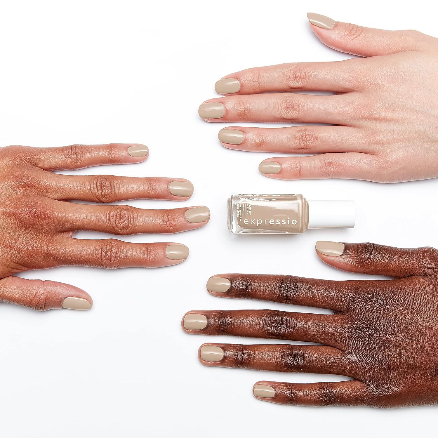 essie expressie millennium momentum swatch on nude beige nail with cream finish.