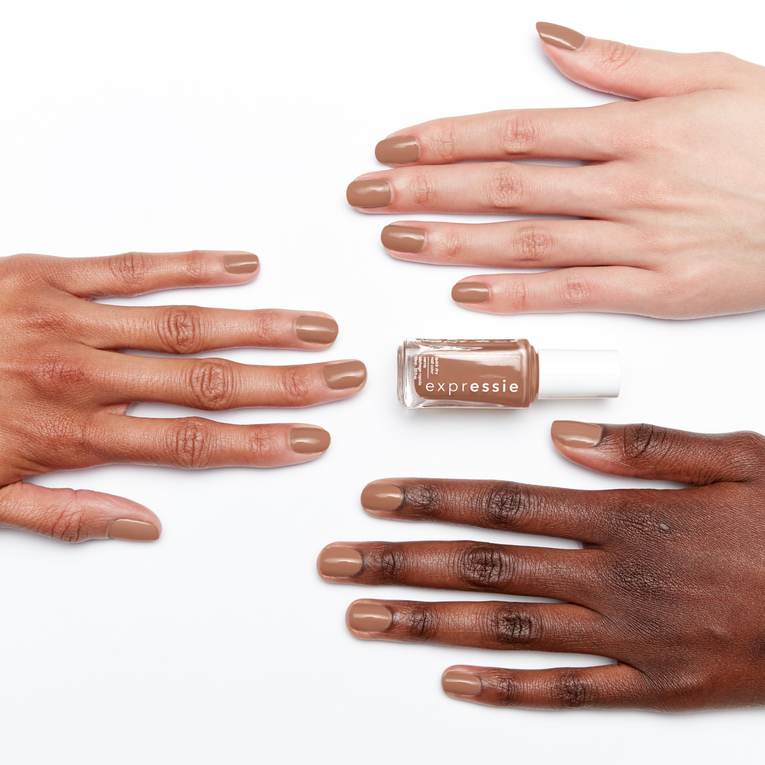 essie expressie never skip a beat swatch reveals midtone brown with red undertones