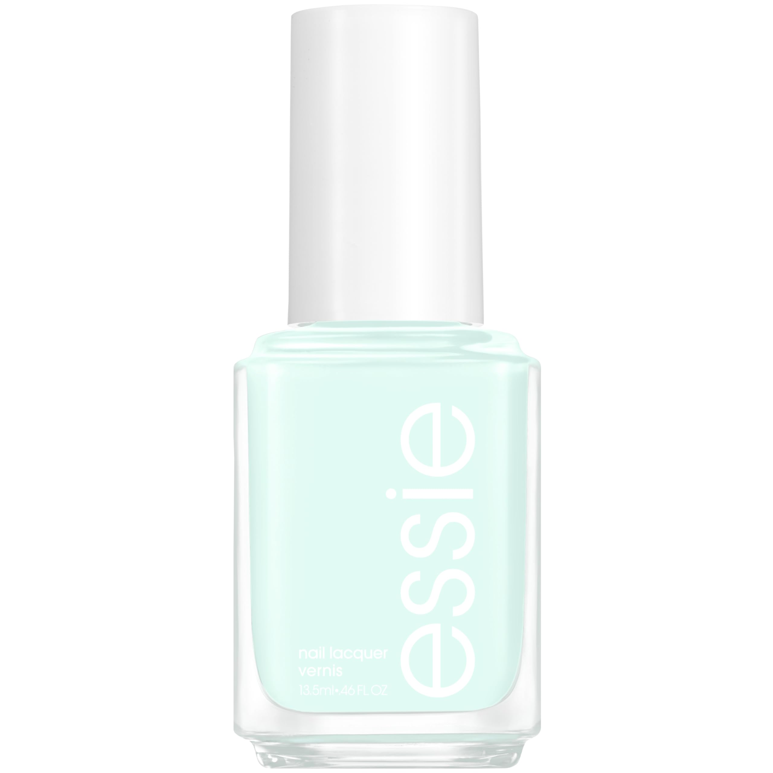 essie First Kiss Bliss nail polish bottle shows mint-green cream shade for a fresh spring look.