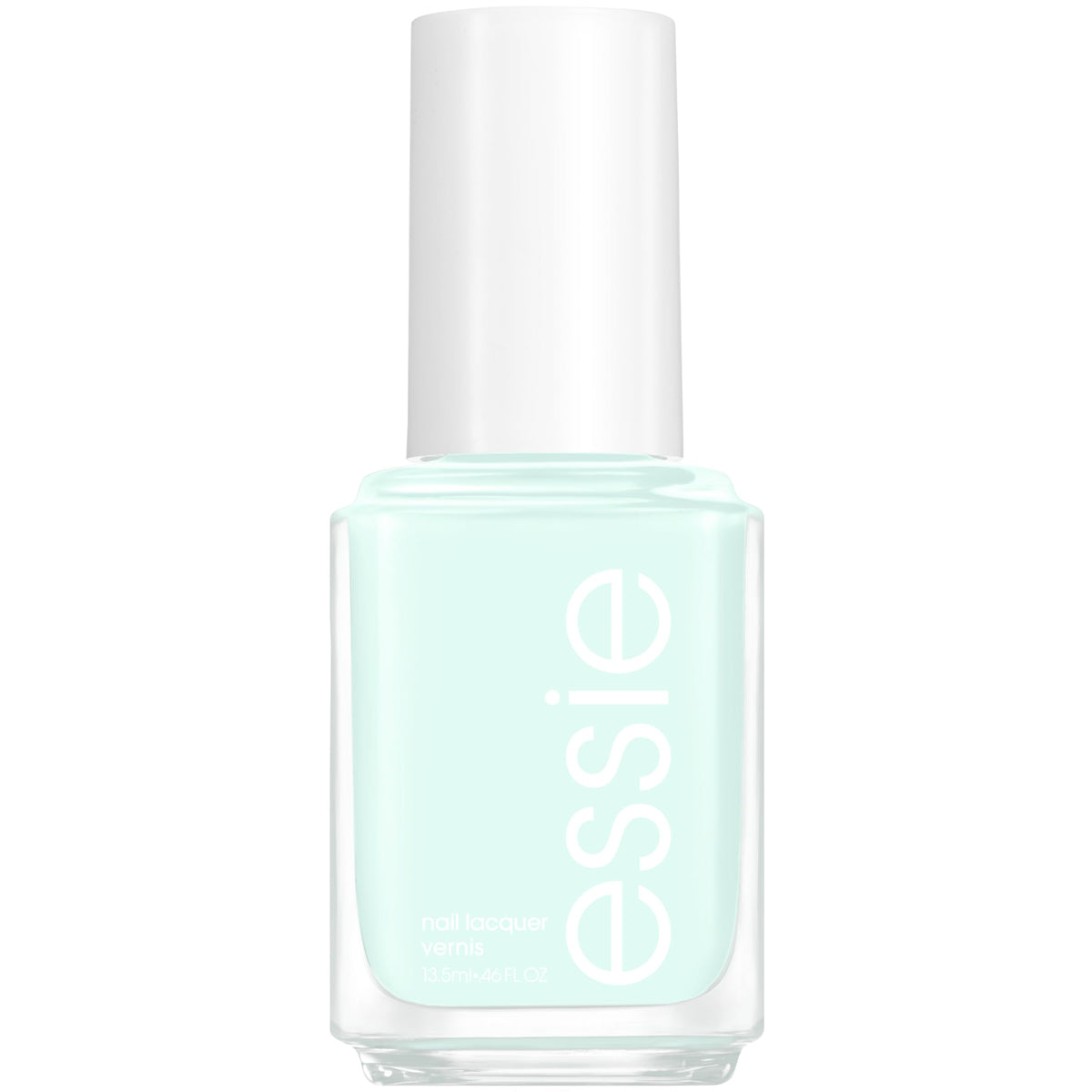 essie First Kiss Bliss nail polish bottle shows mint-green cream shade for a fresh spring look.