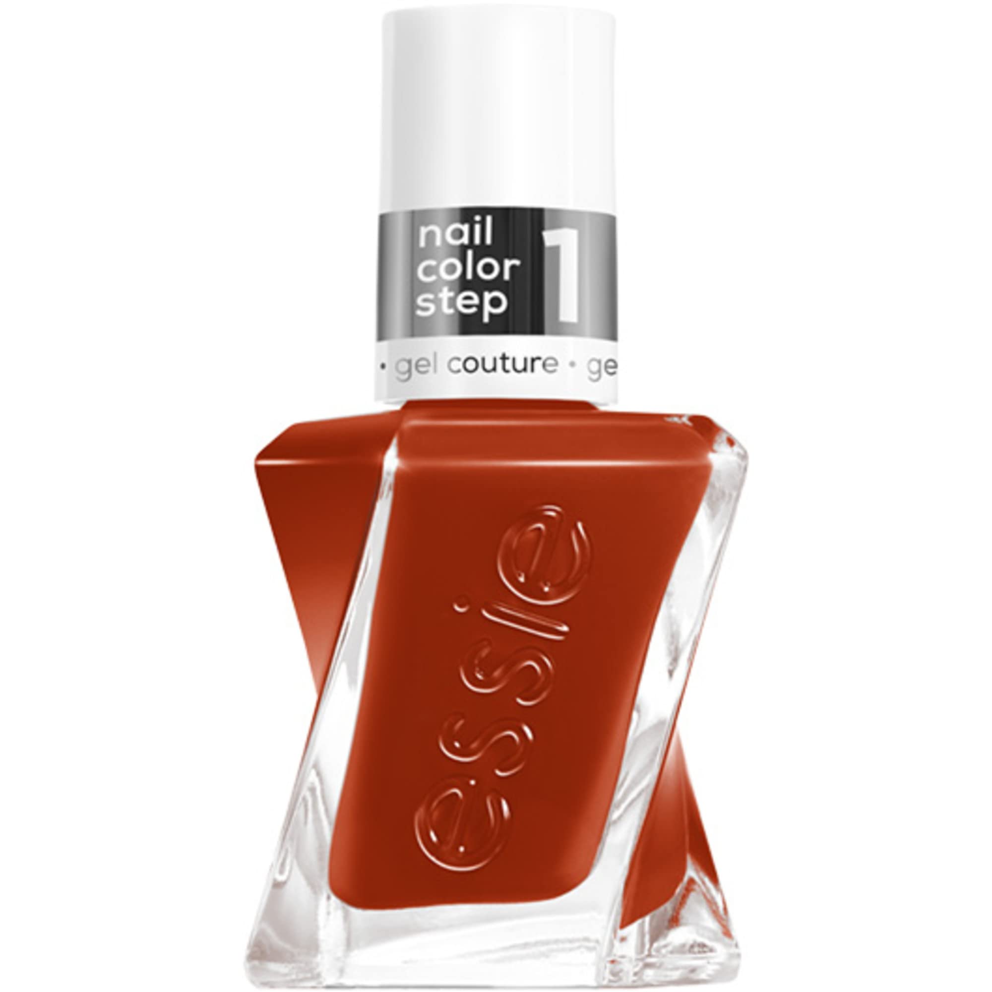 essie Gel Couture amber brown bottle shows rich color with gel-like shine for lasting wear