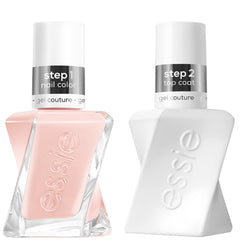 Essie Gel Couture sheer nude bottle with swatch demonstrates longwear and gloss.