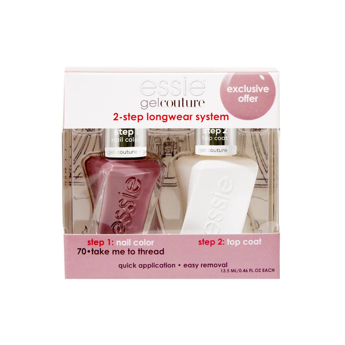 essie Gel Couture Take Me To Thread bottle closeup highlights plush taupe color