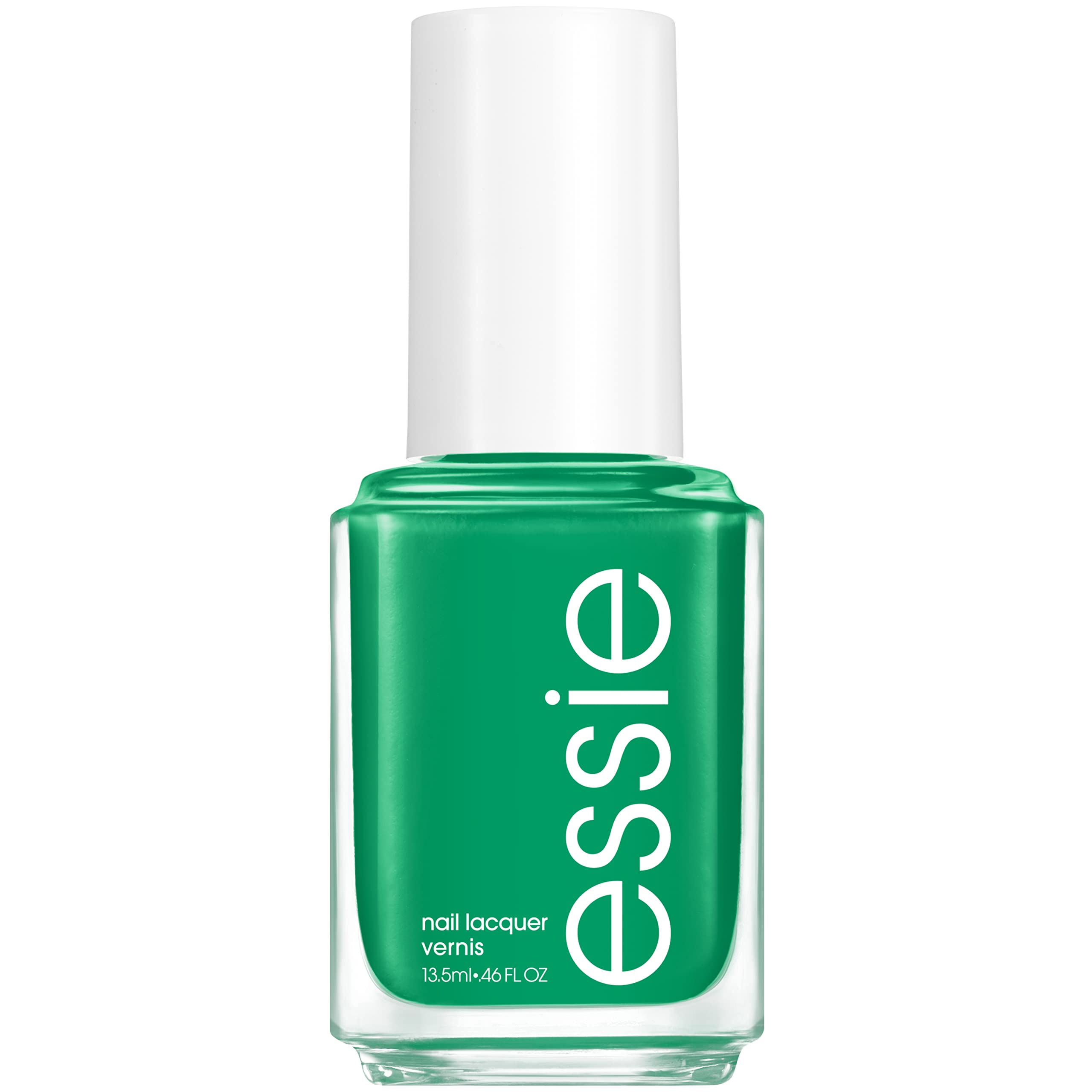 essie Grass Never Greener bottle-front shows vibrant grassy green shade for at home manicures.