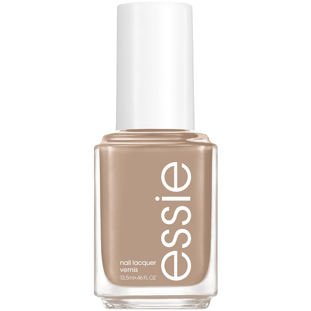 essie Hike It Up bottle close-up shows creamy, glossy midtone tan for chic fall nails.