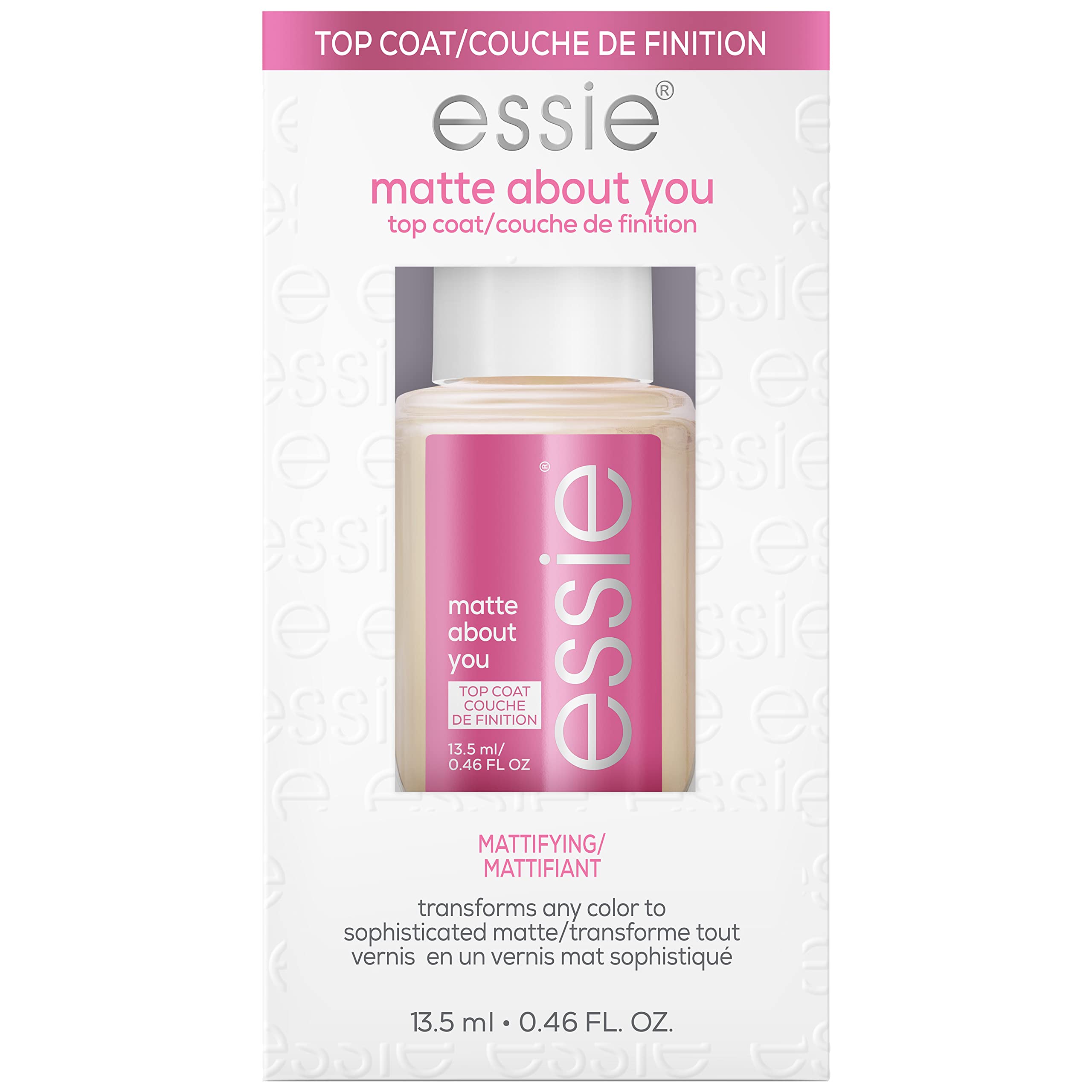 essie Matte About You Top Coat bottle shows velvet matte finish for chic manicure.