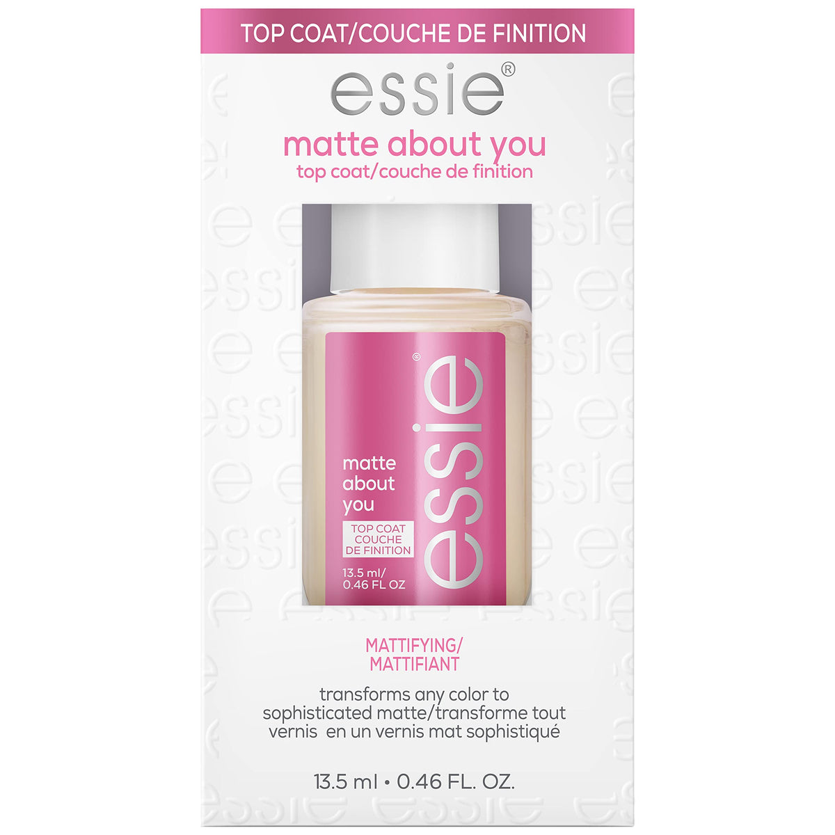 essie Matte About You Top Coat bottle shows velvet matte finish for chic manicure.