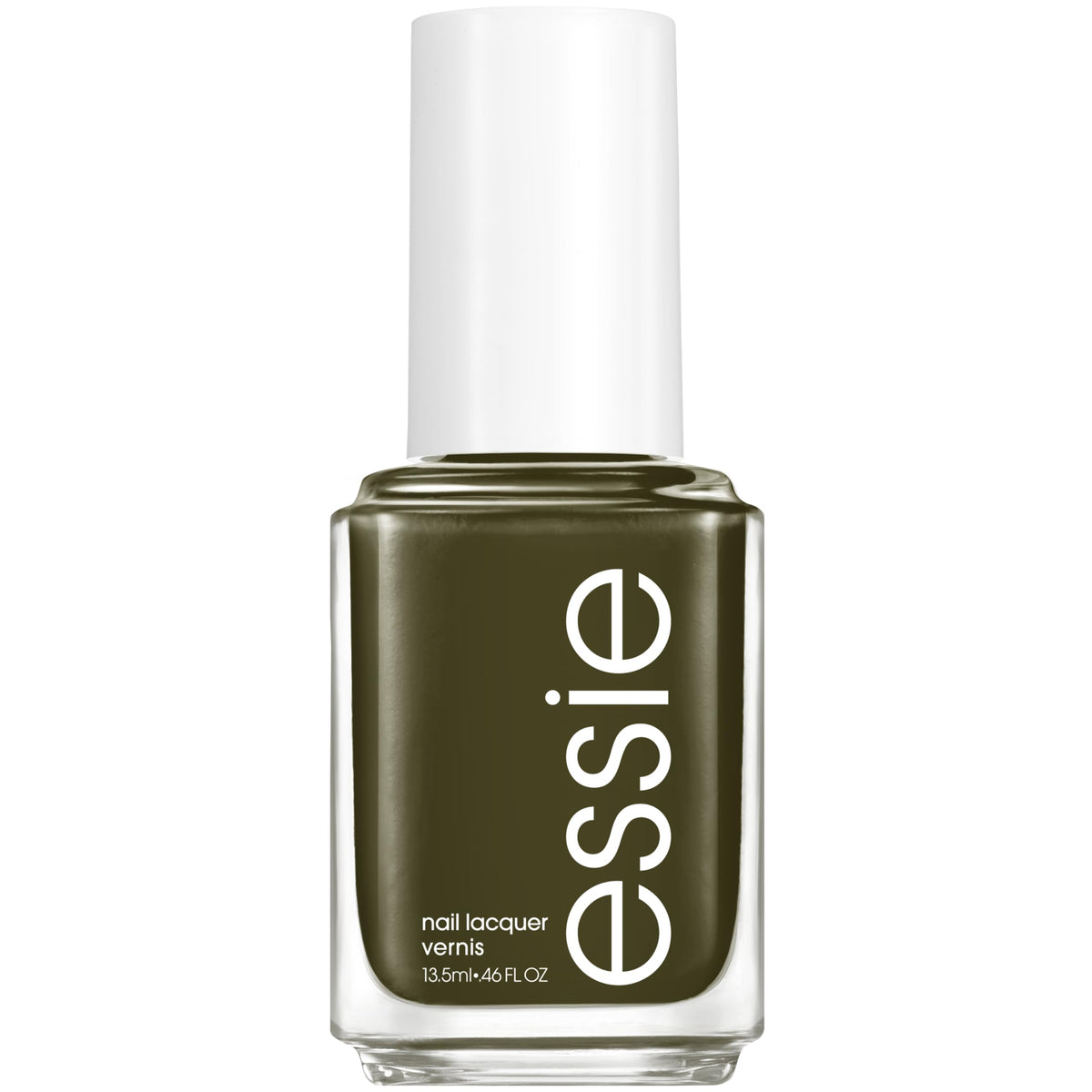essie Meet Me at Midnight bottle reveals a deep olive green cream finish for salon-ready nails.