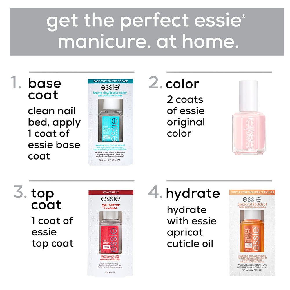 essie nail care routine with cuticle oil and matte top coat complements any color.