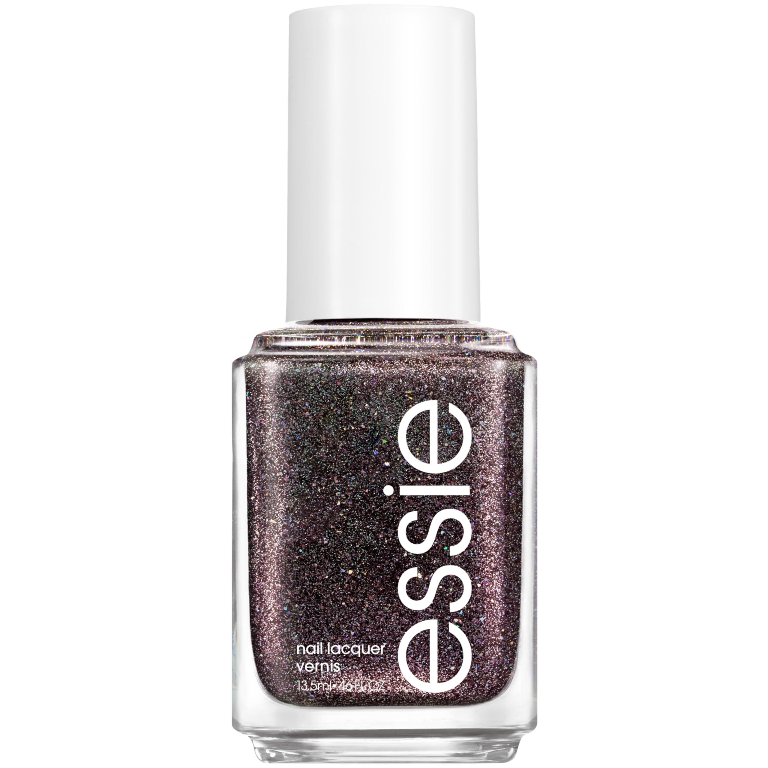 essie Nail Polish Black Shimmer bottle shows a glittery finish for chic home manicures.
