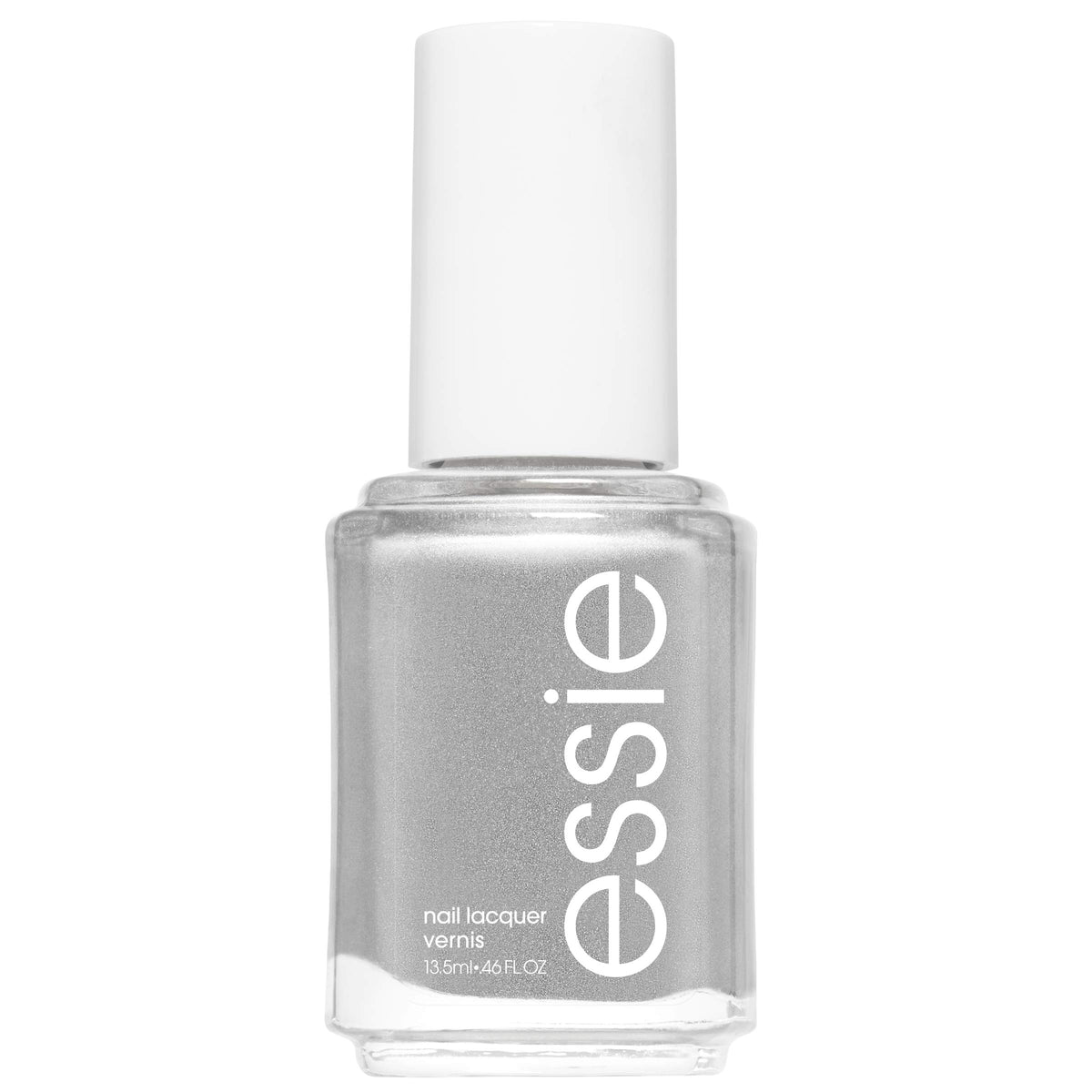 essie No Place Like Chrome silver bottle closeup, delivering a high-gloss salon-worthy look at home.