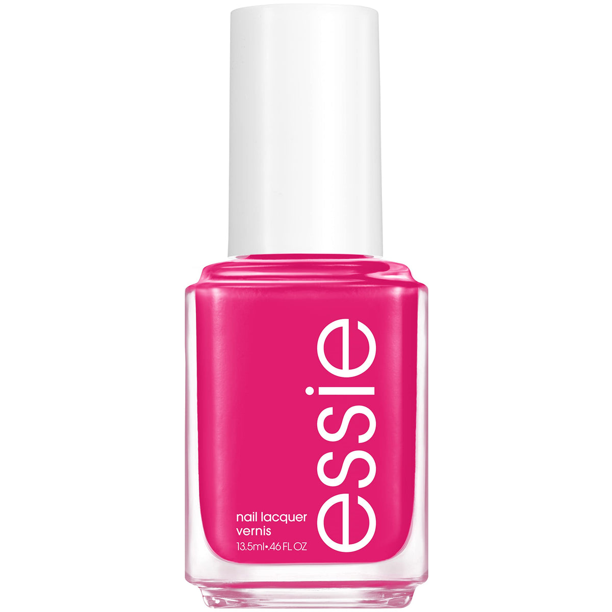 essie Pencil Me In magenta pink bottle close-up shows vibrant cream finish and vegan formula
