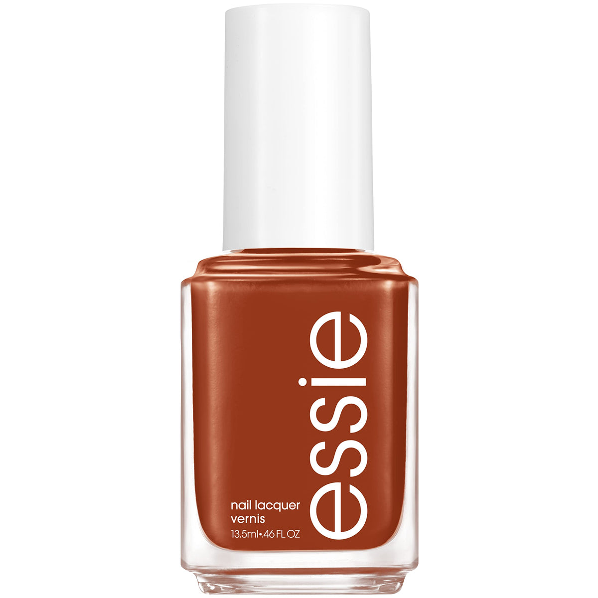 essie Row With The Flow bottle shows a glossy warm brown cream finish for everyday elegance.